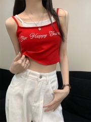 實拍 新款假兩件字母刺繡彈力修身顯瘦吊帶背心帶胸墊女