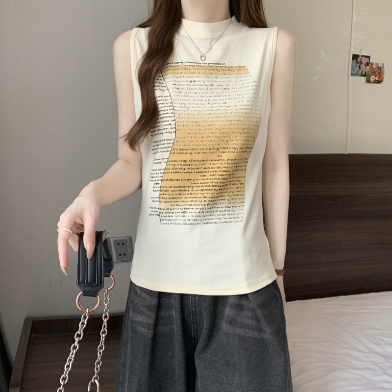 實拍 40支純棉 2024夏裝無袖T恤女印花上衣半高領修身背心