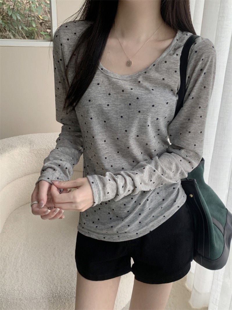 Real shot Summer new u-neck polka dot T-shirt long-sleeved sun protection shirt women's top
