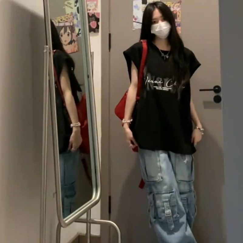 麂皮面料美式無袖t恤女坎肩砍袖背心上衣服