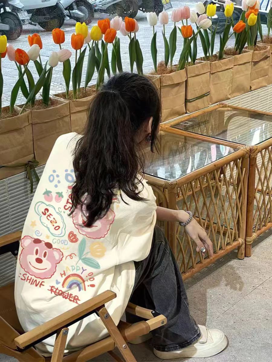 200 grams of fine combed close-set Sateen spun pure cotton back cover strip spring and summer loose shoulder printed short-sleeved T-shirt 