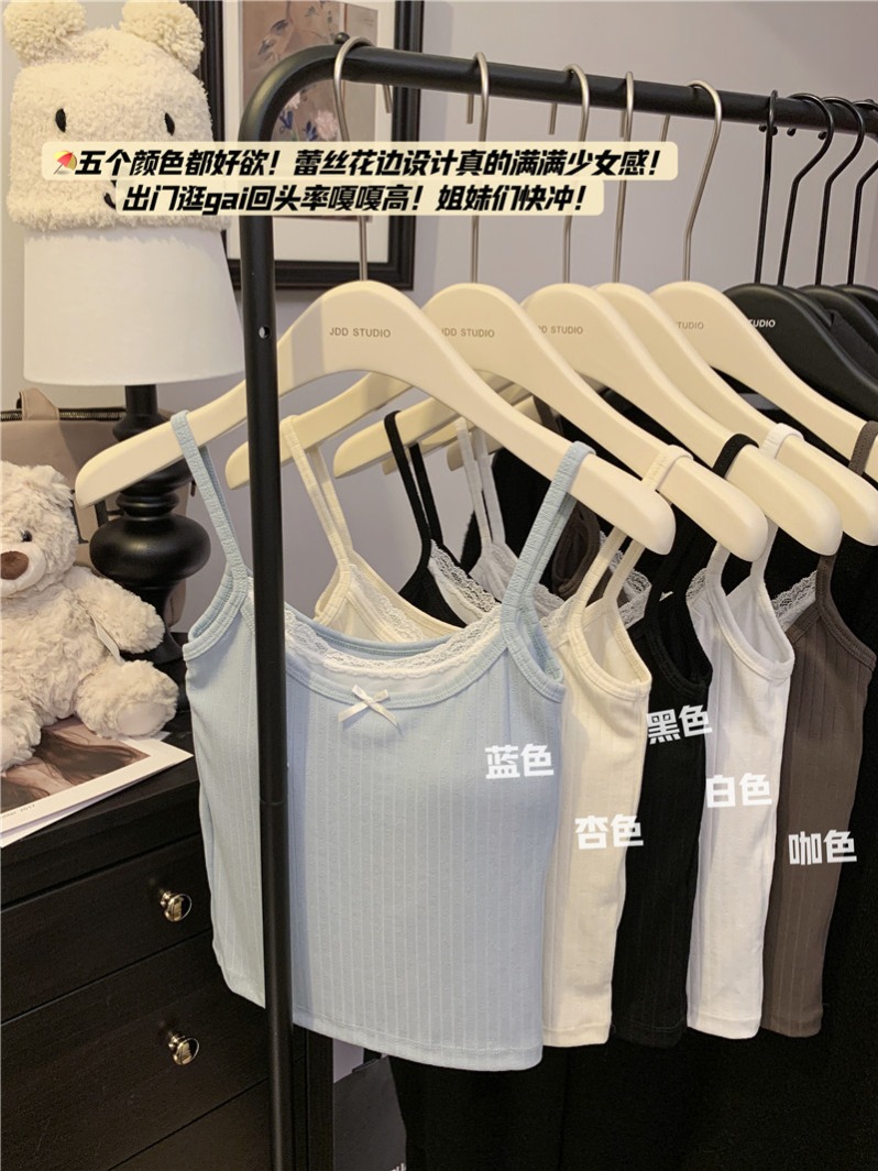 實拍~假兩件蕾絲花邊吊帶背心女夏季甜辣妹修身內搭無袖上衣