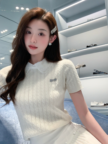 夏季韩版拼接设计新款灰色翻领短袖针织衫女修身显瘦百搭套头上衣