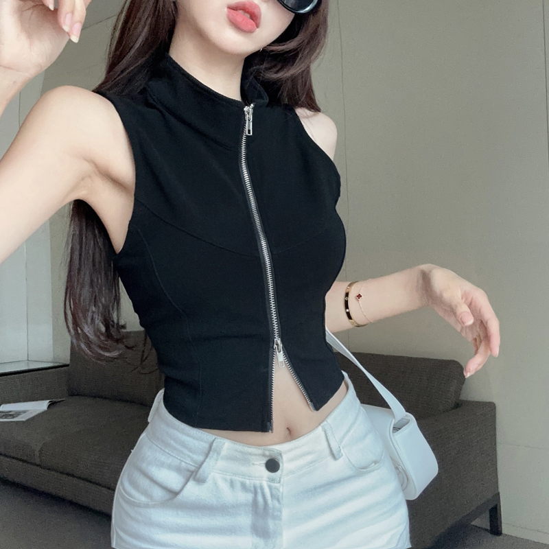 實拍 韓版設計感小眾拉鏈無袖修身顯瘦立領背心女上衣