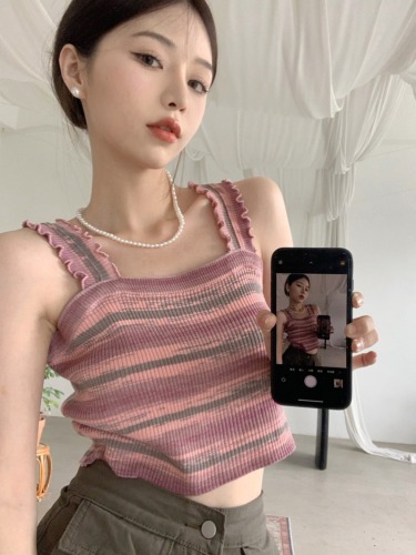 Real shot striped fungus knitted camisole for women summer sweet hottie short pure lust top for women