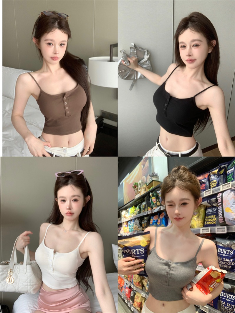 實拍~夏季新款紐扣設計休閒百搭露背短款小吊帶背心 含胸墊