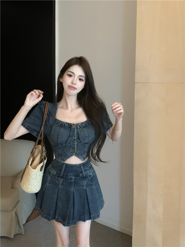 Real shot!  Fashionable seasonal short-sleeved irregular shirt top high-waisted skirt denim two-piece set