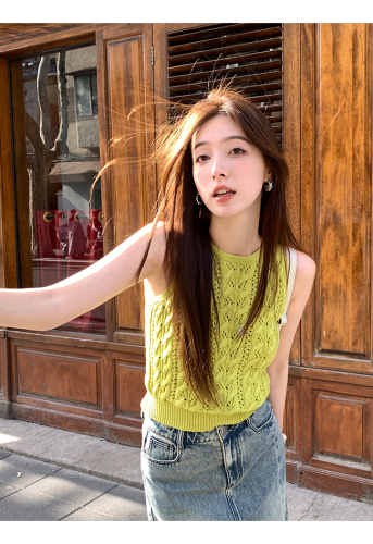 Lime Bubble Cotton Knitted Sweater Camisole Women's Summer Versatile Lazy Round Neck Sleeveless Top