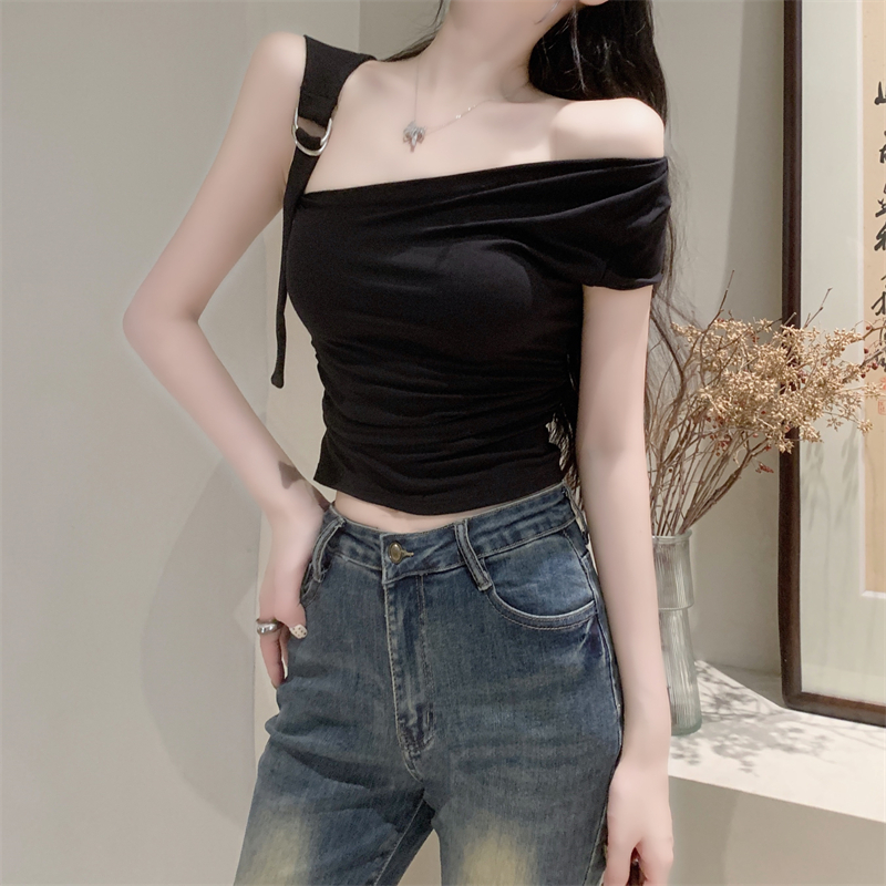 Actual shot of a designer one-shoulder silver button top for niche hot girls with a sexy slim fit short vest underneath