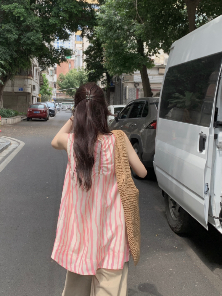 實拍！韓國夏季寬鬆百搭遮肉顯瘦甜美小衫女圓領條紋背心上衣