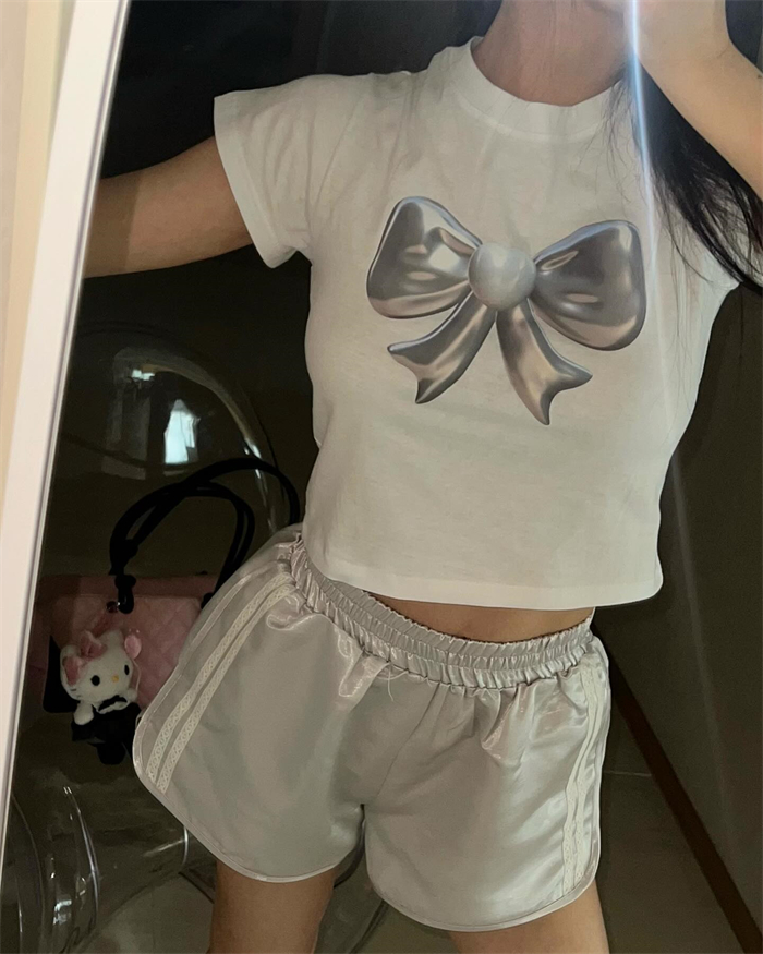 New style for summer!  Korean ins printed 3D bow short-sleeved T-shirt tight elastic pullover top