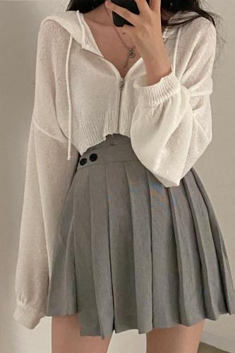 韩国chic连帽短款薄毛衣外套夏季冰丝针织休闲开衫女