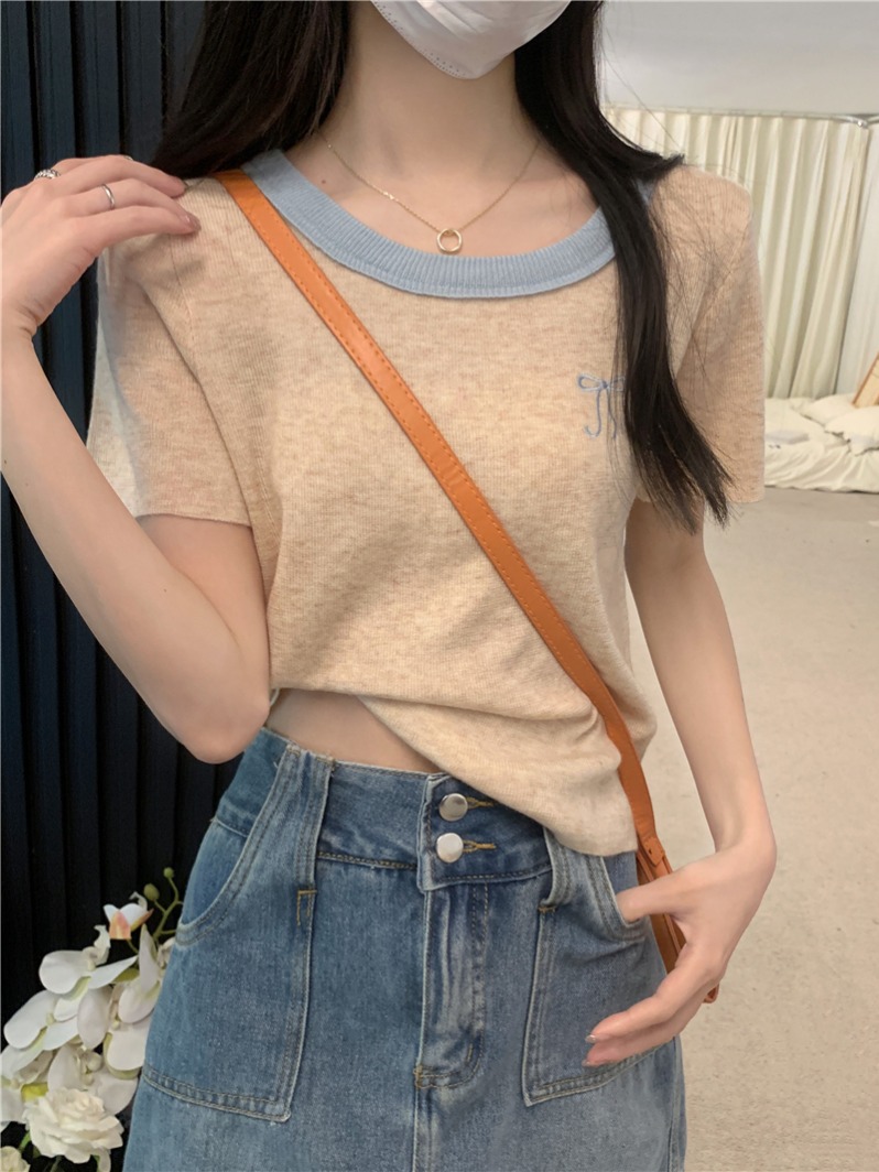 實拍  夏季新款撞色短袖針織T恤女上衣