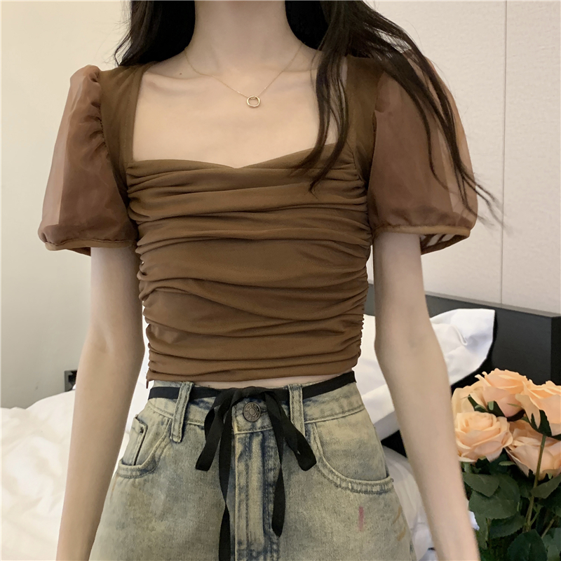 實拍  新款甜美壓褶修身顯瘦泡泡袖網紗上衣女