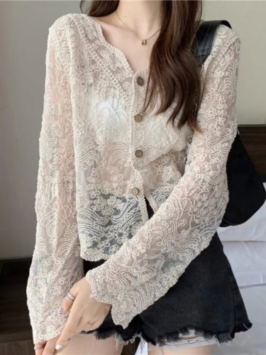 Korean style lazy style hollow lace sun protection cardigan thin women's summer outer air-conditioned blouse shawl shirt jacket
