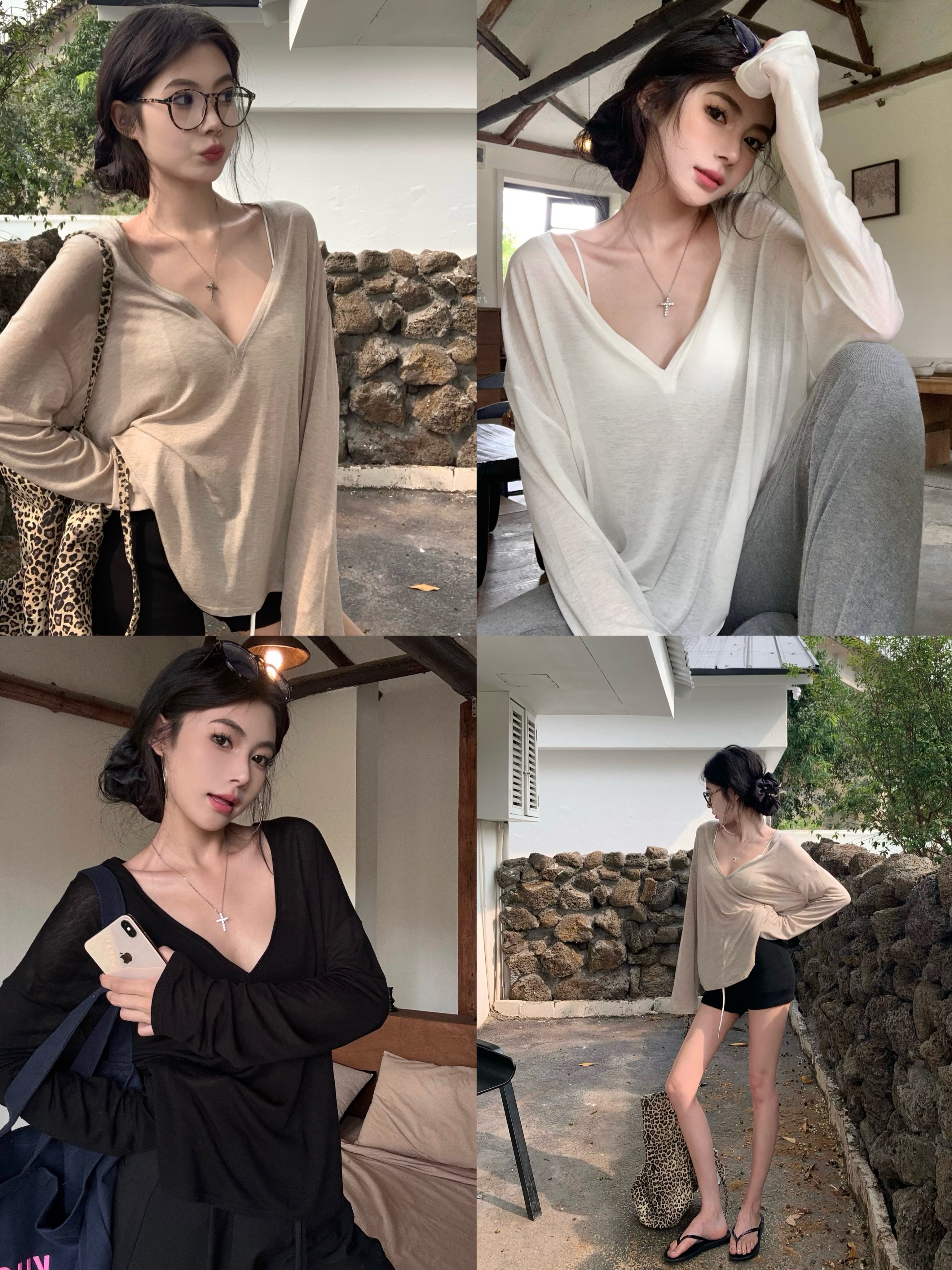 Photographed Loose and Lazy Long-Sleeve T-Shirt with V-Neck, Simple and Casual Top