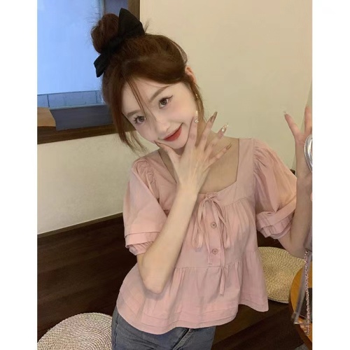 Square Collar Youthful Bubblesleeve Short-Sleeve Top with Design Sense, Loose Short-Sleeve Shirt for Petite Figures