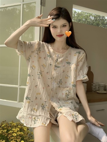 Real shot of summer floral lace splicing short-sleeved shorts two-piece set sweet pajamas and home clothes set