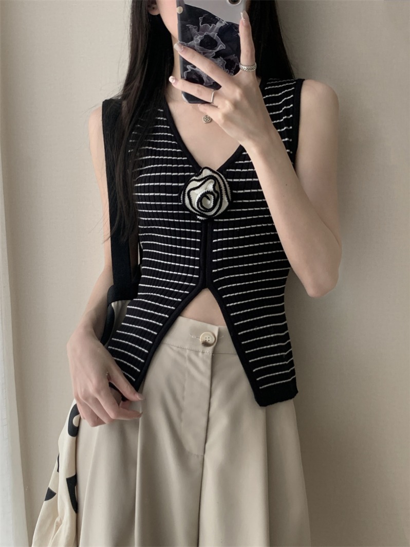 實拍 夏季新款開叉V領條紋針織衫無袖上衣女