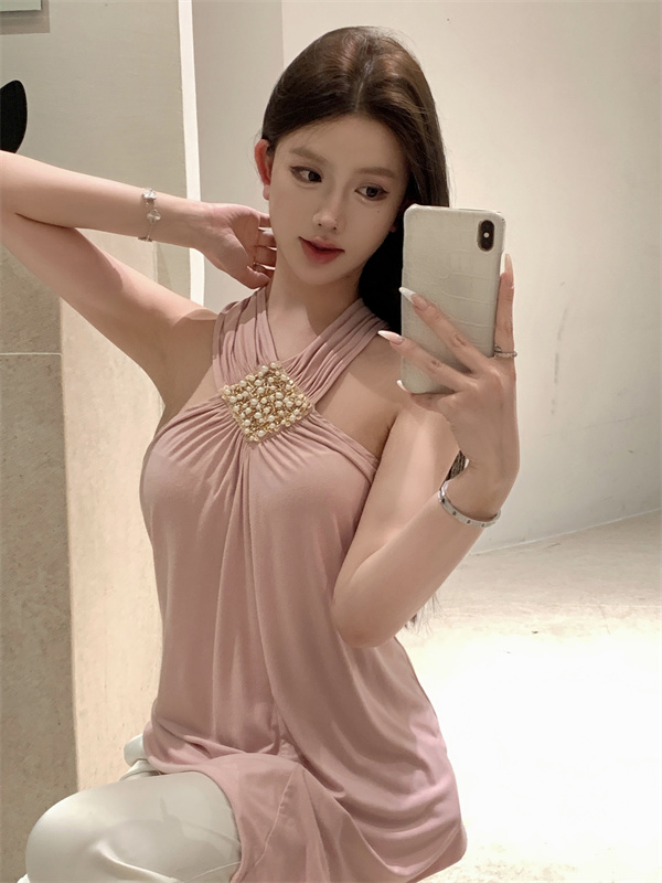 實拍~高密定染膚粉手工釘珠無袖背心希臘掛脖上衣純欲女夏季