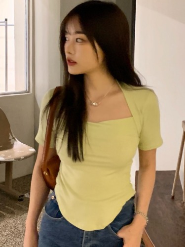 Actual shot of summer clothing, pure lust style, solid color, Korean version, slim fit, temperament, short-sleeved T-shirt tops for women