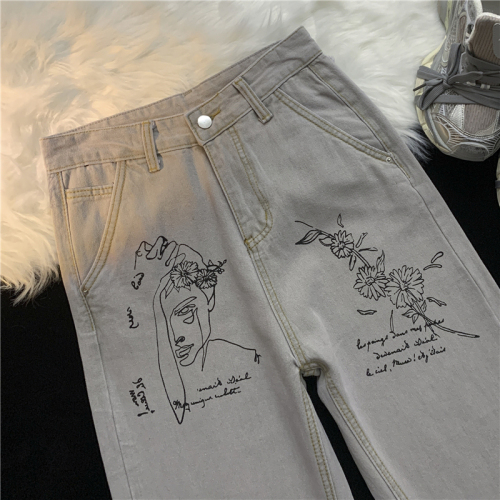 实拍大码女装设计感涂鸦印花牛仔裤美式hiphop加长阔腿拖地裤