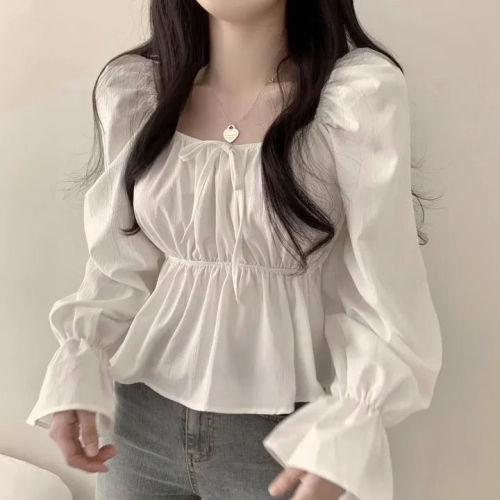 韩系甜美方领系带收腰荷叶边喇叭袖显瘦衬衫