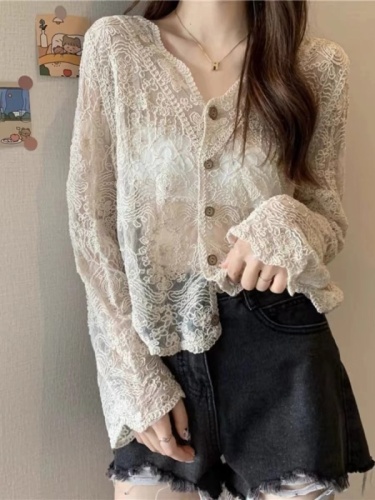 Korean style lazy style hollow lace sun protection cardigan thin women's summer outer air-conditioned blouse shawl shirt jacket