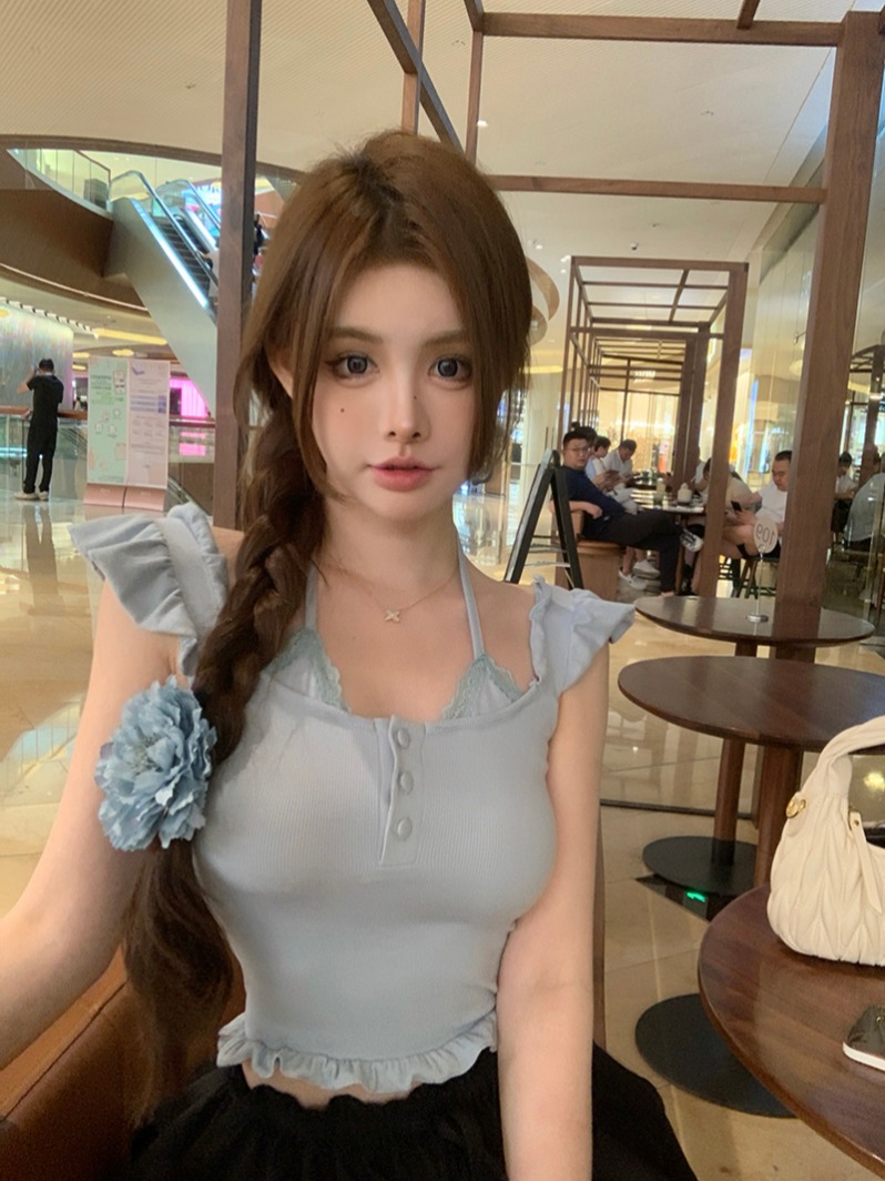 Real shot!  Pure Desire T-shirt Women's Summer Niche Lace Splicing Fake Two-Piece Suspender Top Short Shirt 2546