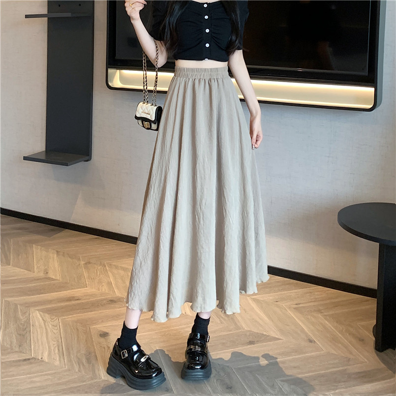 Women's Retro A-line Long Dress with Cotton-Linen Fabric, Apricot Color High-Waisted Full Skirt, Shot in Real