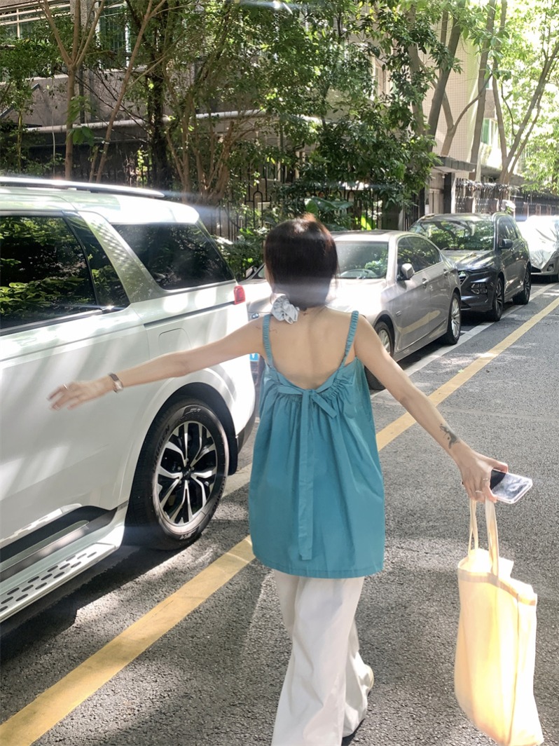 實拍   夏日多巴胺女孩後背設計感綁帶吊帶上衣