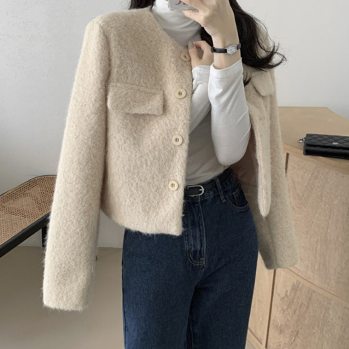 Korean chic spring sweet little fragrance round neck single-breasted loose and versatile solid color long-sleeved cardigan short coat for women