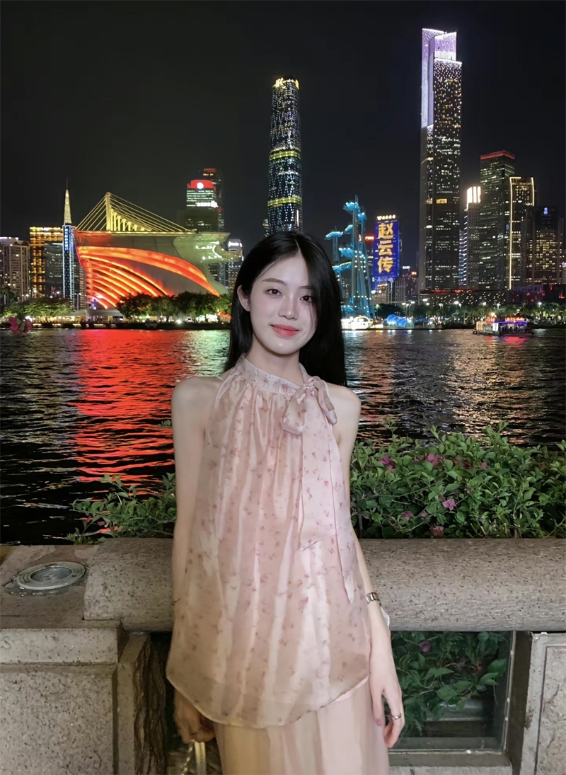 法式甜美蝴蝶結綁帶襯衫夏季氣質無袖絕美碎花上衣實拍