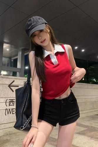 Real shot~Contrast color lapel sleeveless bottoming vest for women with short tops for hot girls