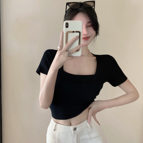实拍 韩版白色短袖t恤女夏季方领修身短款高腰小众露脐别致上衣