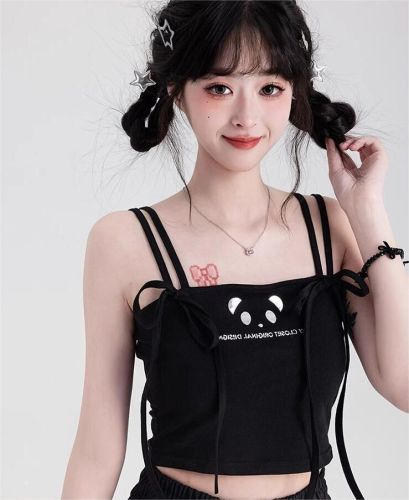 原创设计熊猫印花黑白色吊带背心外穿女2024夏季新款甜美内搭上衣