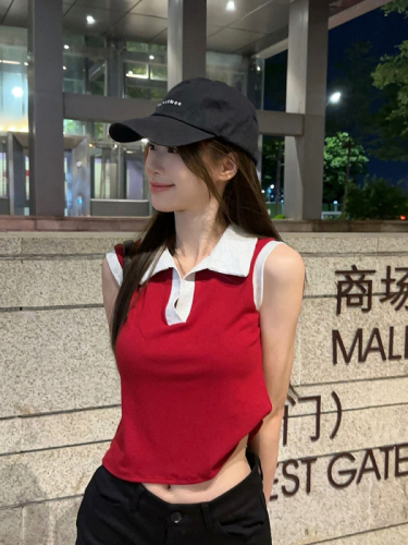 Real shot~Contrast color lapel sleeveless bottoming vest for women with short tops for hot girls