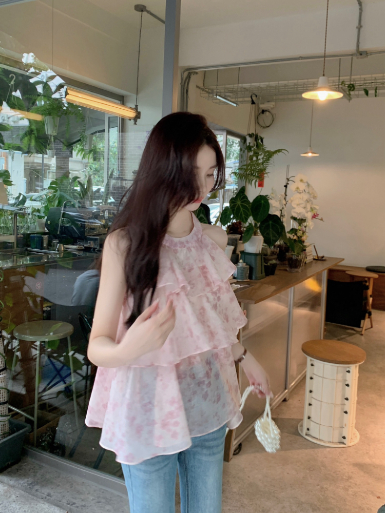 實拍！法式溫柔風掛脖無袖背心女層層荷葉邊拼接甜美碎花小衫