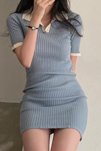 韩国chic夏季辣妹风polo领短袖修身针织连衣裙女包臀短裙