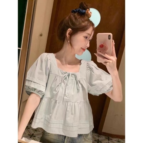 Square Collar Youthful Bubblesleeve Short-Sleeve Top with Design Sense, Loose Short-Sleeve Shirt for Petite Figures
