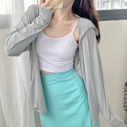 Hardcore summer sun protection clothing for women, anti-UV breathable gray hooded jacket, thin long-sleeved ice silk sun protection clothing