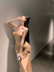 實拍~肯豆同款歐美閃閃設計褶皺抹胸連衣裙修身包臀裙女
