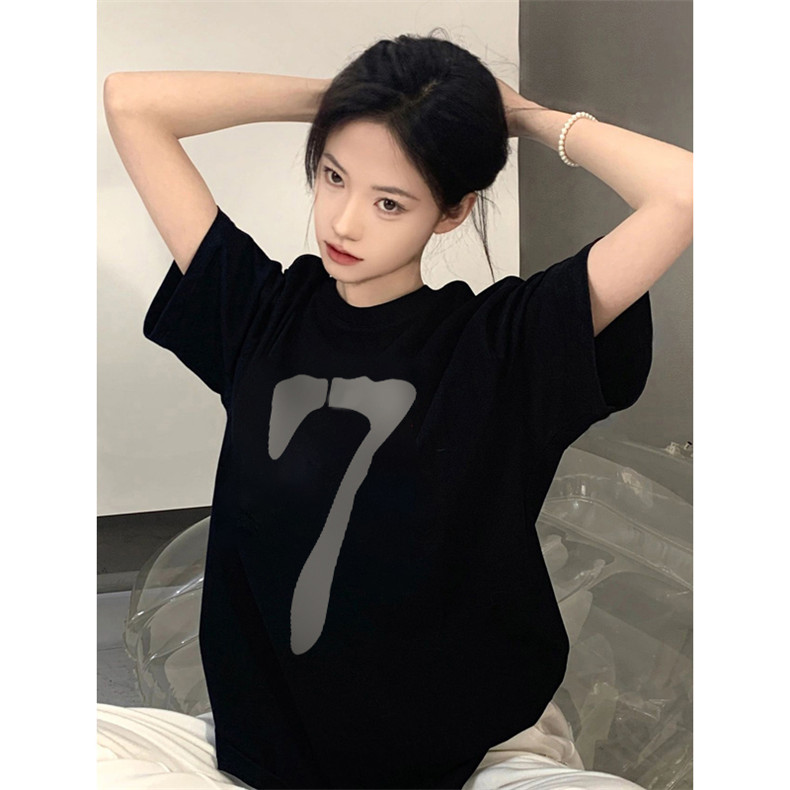 200g combed compact slub spun pure cotton interlining spring and summer loose shoulder print short-sleeved T-shirt