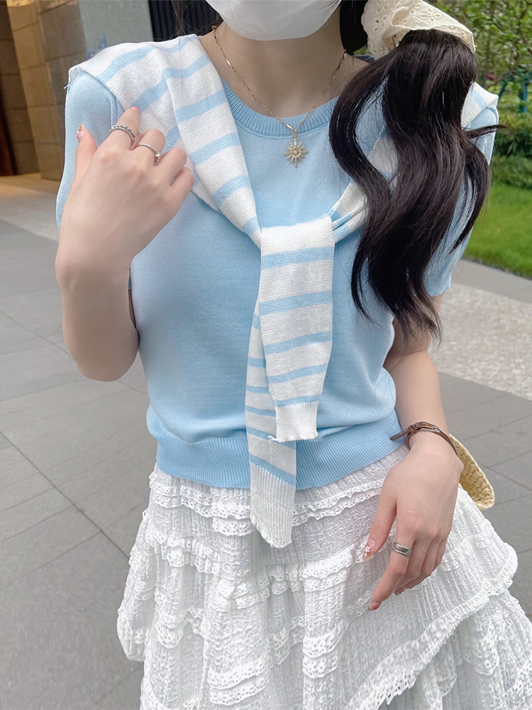 Real shot of milk blue short-sleeved sweater with shawl, Korean style fake two-piece top and small shirt for women 2024 summer
