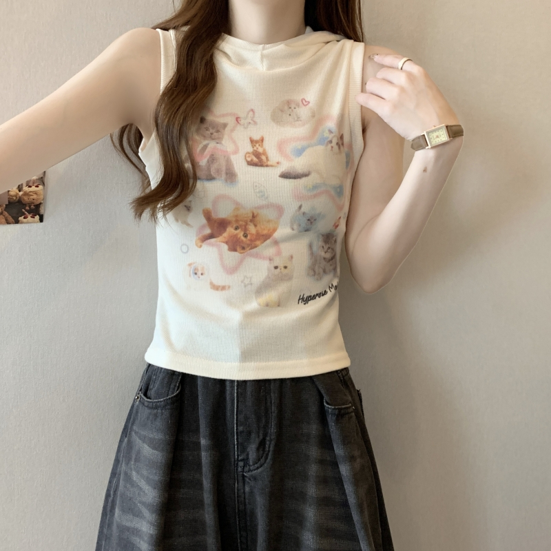 實拍 6535棉米妮 2024夏裝數碼直噴連帽無袖T恤女上衣短款背心