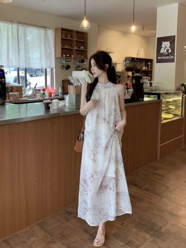 Real shot!  Gentle style, cool and cool halter neck dress, ink painting design, new Chinese style holiday long dress