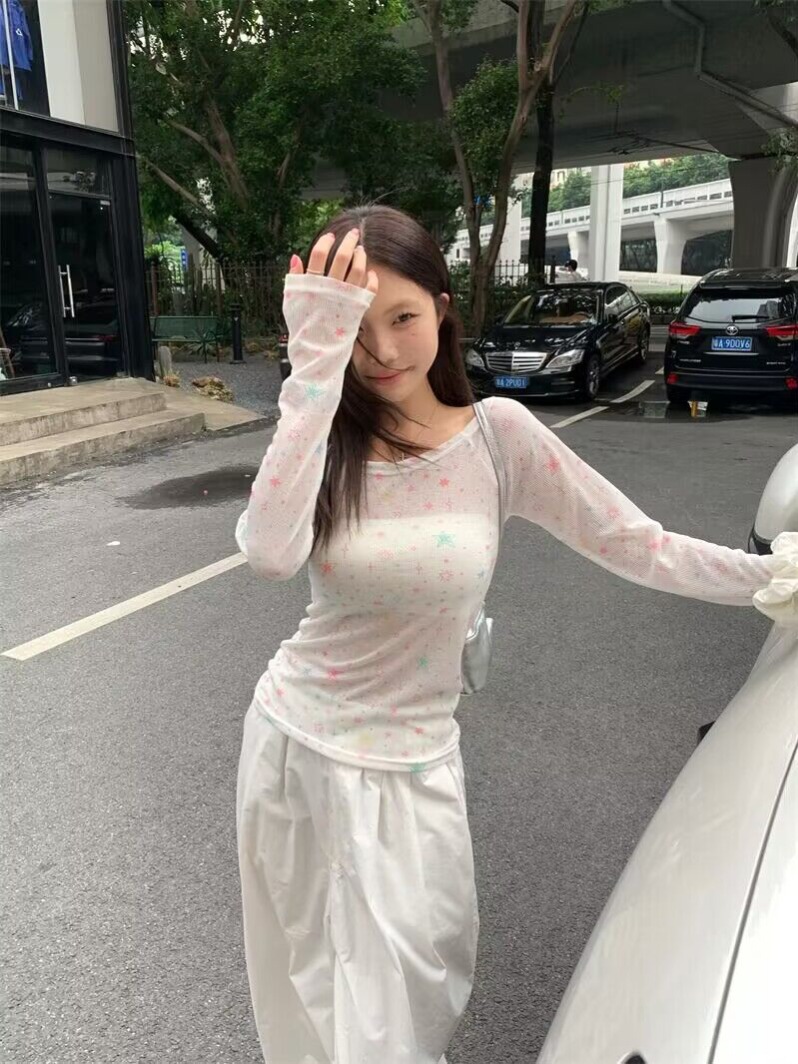Real shot Summer new design star print slim fit thin sun protection clothing long-sleeved T-shirt
