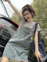 Real Shot Small Size Retro Jeans Overalls Spring and Summer Korean Version Loose A-Line Mid-Length Skirt 
