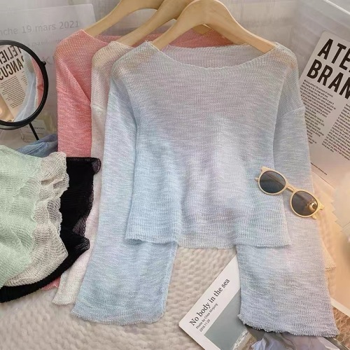 Hollow knitted sweater for women, summer sun protection blouse, short outer mesh tulle shirt, see-through 2024 new top