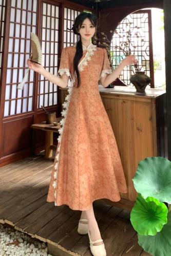 大码女装新中式国风改良旗袍连衣裙女夏季收腰显瘦高端气质长裙子